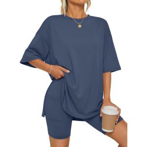 image:imageLILLUSORY Womens Lounge Sets Shorts 2 Piece Matching Pajamas Summer Outfits 2026 Casual Oversized Sweatsuits Spring ClothesDark Blue