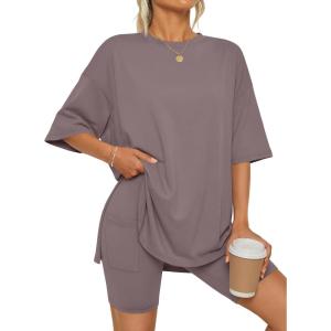 image:imageLILLUSORY Womens Lounge Sets Shorts 2 Piece Matching Pajamas Summer Outfits 2026 Casual Oversized Sweatsuits Spring ClothesRose Taupe