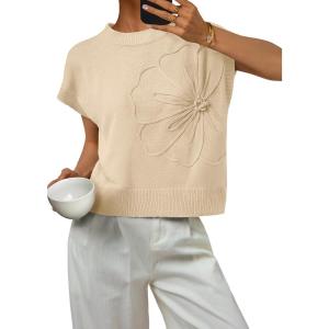 image:imageLILLUSORY Womens Short Sleeve Sweater Vest Spring Floral Tops Summer Dressy Casual Blouses Shirts Outfits 2026Apricot