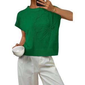 image:imageLILLUSORY Womens Short Sleeve Sweater Vest Spring Floral Tops Summer Dressy Casual Blouses Shirts Outfits 2026Green