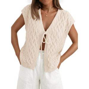 image:imageLILLUSORY Womens Summer Beach Vacation Tie Front Tops Crochet Crop Sweater Clothes Cute Y2K Trendy 2026 Fashion OutfitsBeige