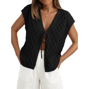 image:imageLILLUSORY Womens Summer Beach Vacation Tie Front Tops Crochet Crop Sweater Clothes Cute Y2K Trendy 2026 Fashion OutfitsBlack