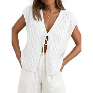 image:imageLILLUSORY Womens Summer Beach Vacation Tie Front Tops Crochet Crop Sweater Clothes Cute Y2K Trendy 2026 Fashion OutfitsWhite