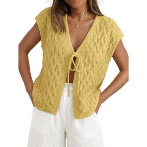 image:imageLILLUSORY Womens Summer Beach Vacation Tie Front Tops Crochet Crop Sweater Clothes Cute Y2K Trendy 2026 Fashion OutfitsYellow