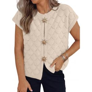 image:imageLILLUSORY Womens Sweater Vest Short Sleeve 2026 Summer Button Going Out Sweater Sexy Cute Crop Top Y2k Trendy Cardigans CoatBeige