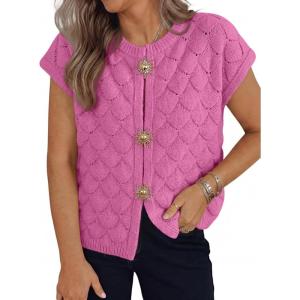 image:imageLILLUSORY Womens Sweater Vest Short Sleeve 2026 Summer Button Going Out Sweater Sexy Cute Crop Top Y2k Trendy Cardigans CoatRose Red