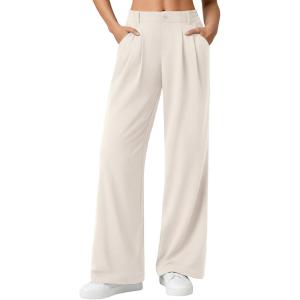 image:imageLILLUSORY Womens Waffle Knit Pants  High Waisted amp Stretchy Wide Leg Dress Trousers for Work Business CasualBeige