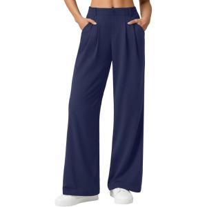 image:imageLILLUSORY Womens Waffle Knit Pants  High Waisted amp Stretchy Wide Leg Dress Trousers for Work Business CasualNavy