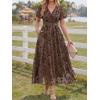 image:imageLILLUSORY Womens Summer Floral Maxi Dress Boho Short Sleeve V Neck Ruffle Wedding Guest Long Dresses with PocketsBrown