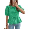 image:imageLILLUSORY Womens Spring Embroidered Short Puff Sleeve Peplum Tops Summer Babydoll Tie Front Eyelet Cute Blouses Beach 2026Green