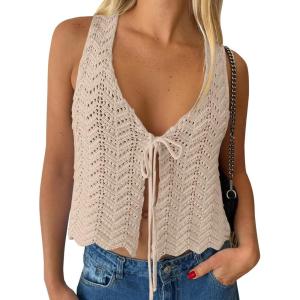 image:imageLILLUSORY Crochet Tops for Women Summer Vacation Outfits Beach Coverup Going Out Tie Front Spring Sweater Vest 2026 FashionApricot