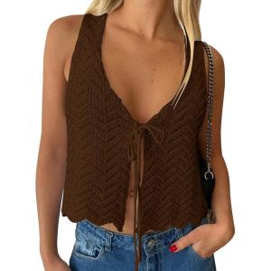 image:imageLILLUSORY Crochet Tops for Women Summer Vacation Outfits Beach Coverup Going Out Tie Front Spring Sweater Vest 2026 FashionCoffee