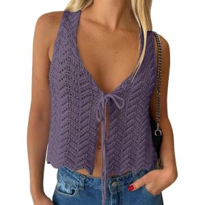 image:imageLILLUSORY Crochet Tops for Women Summer Vacation Outfits Beach Coverup Going Out Tie Front Spring Sweater Vest 2026 FashionDark Purple