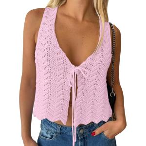 image:imageLILLUSORY Crochet Tops for Women Summer Vacation Outfits Beach Coverup Going Out Tie Front Spring Sweater Vest 2026 FashionLightpink