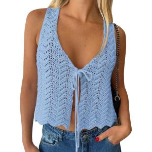 image:imageLILLUSORY Crochet Tops for Women Summer Vacation Outfits Beach Coverup Going Out Tie Front Spring Sweater Vest 2026 FashionSky