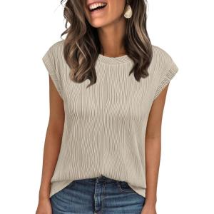 image:imageLILLUSORY Dressy Casual Blouses for Women 2026 Summer Tops Trendy Cap Short Sleeve T Shirts Cute Work ClothesApricot