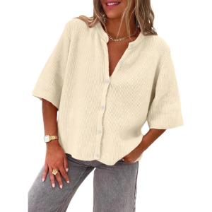 image:imageLILLUSORY Short Sleeve Cardigan Sweaters for Women 2026 Summer Cropped Button Up Sweater Tops Casual Shirt Y2K OutfitsApricot