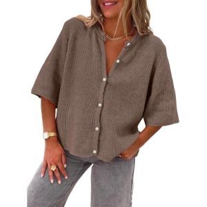image:imageLILLUSORY Short Sleeve Cardigan Sweaters for Women 2026 Summer Cropped Button Up Sweater Tops Casual Shirt Y2K OutfitsNutmeg