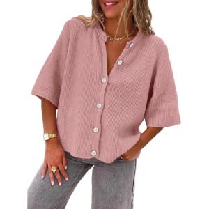 image:imageLILLUSORY Short Sleeve Cardigan Sweaters for Women 2026 Summer Cropped Button Up Sweater Tops Casual Shirt Y2K OutfitsPink
