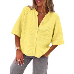 image:imageLILLUSORY Short Sleeve Cardigan Sweaters for Women 2026 Summer Cropped Button Up Sweater Tops Casual Shirt Y2K OutfitsYellow