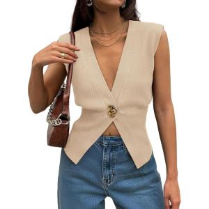 image:imageLILLUSORY Sweater Vest Tops for Women 2026 Spring Summer Business Casual Outfits Sleeveless Cardigan Sweaters FashionApricot