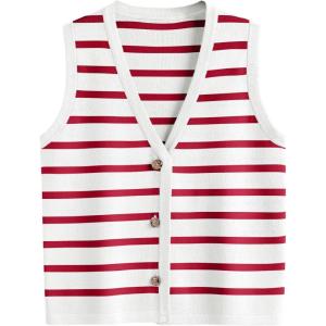 image:imageLILLUSORY Vest Tops for Women 2026 Summer Outfits Striped Sweaters Button Up Casual Blouses Jacket Fashion ClothesWhitered