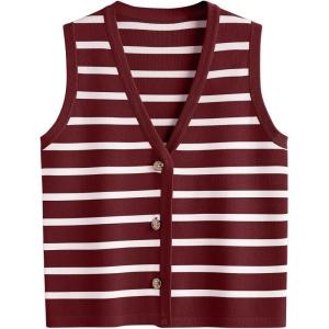 image:imageLILLUSORY Vest Tops for Women 2026 Summer Outfits Striped Sweaters Button Up Casual Blouses Jacket Fashion ClothesWinewhite