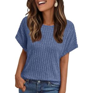image:imageLILLUSORY Women Short Sleeve T Shirt Summer Sweater Dressy Casual Blouse Business Top Work ClothingBlue