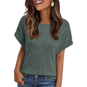 image:imageLILLUSORY Women Short Sleeve T Shirt Summer Sweater Dressy Casual Blouse Business Top Work ClothingGreen