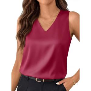 image:imageLILLUSORY Women Silk Satin Tank Top V Neck Summer Blouse Sleeveless Shirt Business Casual Dressy Outfit Vacation Clothes 2026Red