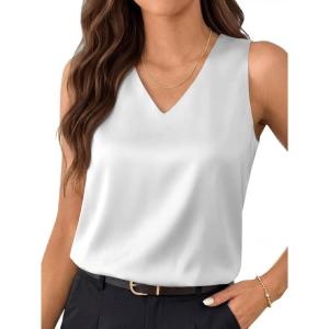 image:imageLILLUSORY Women Silk Satin Tank Top V Neck Summer Blouse Sleeveless Shirt Business Casual Dressy Outfit Vacation Clothes 2026White