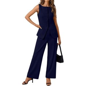 image:imageLILLUSORY Womens 2 Piece Summer Vest Sets Sleeveless Blazer Wide Leg Pants Suits Business Casual Spring OutfitsNavy Blue