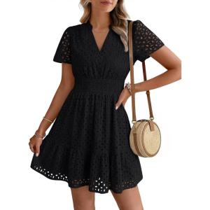image:imageLILLUSORY Womens 2026 Summer Dress Mini V Neck A Line Hollow Out Lace Spring Cute Casual Beach Vacation Outfits Party DressesBlack