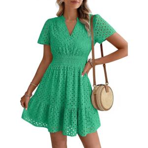 image:imageLILLUSORY Womens 2026 Summer Dress Mini V Neck A Line Hollow Out Lace Spring Cute Casual Beach Vacation Outfits Party DressesGreen