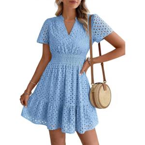 image:imageLILLUSORY Womens 2026 Summer Dress Mini V Neck A Line Hollow Out Lace Spring Cute Casual Beach Vacation Outfits Party DressesLight Blue