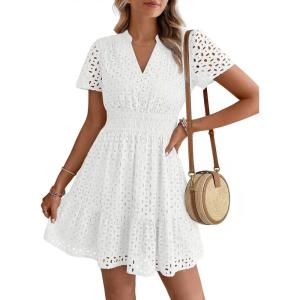 image:imageLILLUSORY Womens 2026 Summer Dress Mini V Neck A Line Hollow Out Lace Spring Cute Casual Beach Vacation Outfits Party DressesWhite