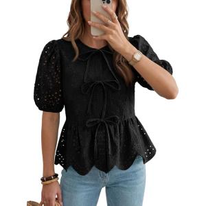 image:imageLILLUSORY Womens Spring Embroidered Short Puff Sleeve Peplum Tops Summer Babydoll Tie Front Eyelet Cute Blouses Beach 2026Black