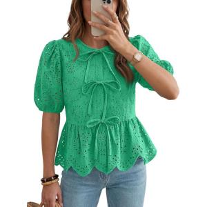 image:imageLILLUSORY Womens Spring Embroidered Short Puff Sleeve Peplum Tops Summer Babydoll Tie Front Eyelet Cute Blouses Beach 2026Green