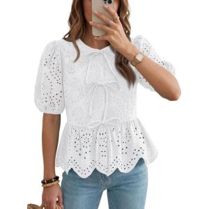 image:imageLILLUSORY Womens Spring Embroidered Short Puff Sleeve Peplum Tops Summer Babydoll Tie Front Eyelet Cute Blouses Beach 2026White