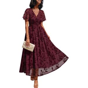 image:imageLILLUSORY Womens Summer Floral Maxi Dress Boho Short Sleeve V Neck Ruffle Wedding Guest Long Dresses with PocketsBurgundy