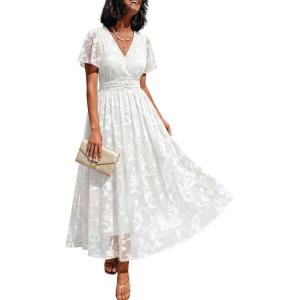 image:imageLILLUSORY Womens Summer Floral Maxi Dress Boho Short Sleeve V Neck Ruffle Wedding Guest Long Dresses with PocketsWhite