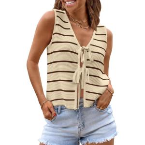image:imageLILLUSORY Womens Summer Tops Beach Vacation Spring Outfits Cute Y2K Trendy Sweater Vest 2026 Tank Tie Front Crochet ClothesApricot Coffee