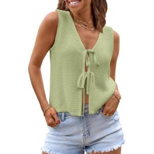 image:imageLILLUSORY Womens Summer Tops Beach Vacation Spring Outfits Cute Y2K Trendy Sweater Vest 2026 Tank Tie Front Crochet ClothesLight Green