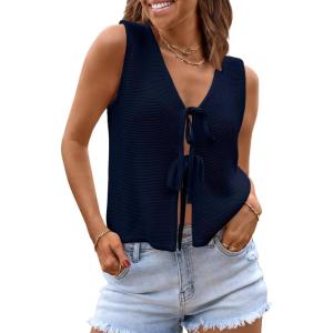 image:imageLILLUSORY Womens Summer Tops Beach Vacation Spring Outfits Cute Y2K Trendy Sweater Vest 2026 Tank Tie Front Crochet ClothesNavy Blue