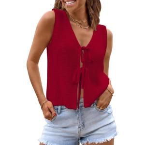 image:imageLILLUSORY Womens Summer Tops Beach Vacation Spring Outfits Cute Y2K Trendy Sweater Vest 2026 Tank Tie Front Crochet ClothesRed
