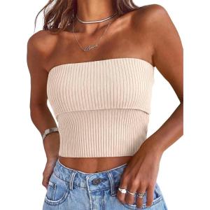 image:imageLILLUSORY Womens Bandeau Tube Tops Stretchy Strapless Y2K Crop Cute Knit Tops for Summer Beach Outfits Going Out Clothes 2026Apricot