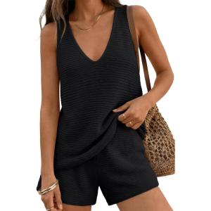 image:imageLILLUSORY Womens Summer 2 Piece Beach Short Sets Matching V Neck Cute Lounge Outfits 2026 Vacation Set Coastal Knit Tank TopBlack