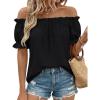 image:imageLILLUSORY Women Summer Off the Shoulder Flowy Top Short Puff Sleeve Dressy Casual Blouse 2026 Cute Vacation Resort Boho ShirtBlack