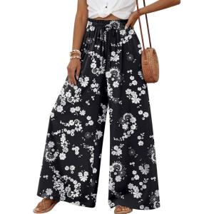 image:imageLILLUSORY Women Elastic Casual High Waist Wide Leg Pants 2026 Summer Long Palazzo Pant with Pocket Beach Vacation ClothesBlack Flower