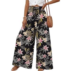 image:imageLILLUSORY Women Elastic Casual High Waist Wide Leg Pants 2026 Summer Long Palazzo Pant with Pocket Beach Vacation ClothesBlack Print